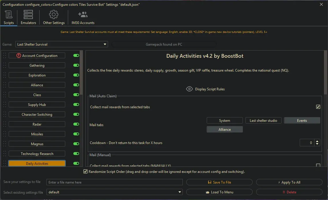 Last Shelter Survival Bot - Daily Activities