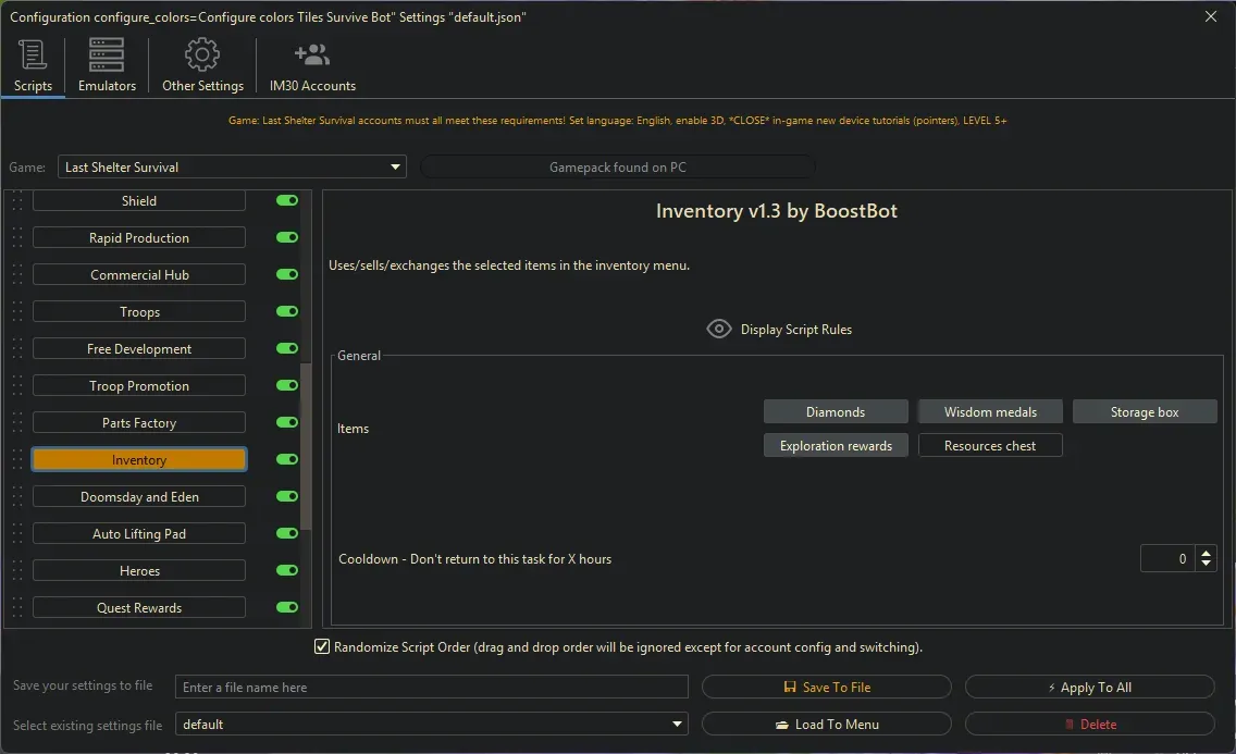 Last Shelter Survival Bot - Inventory